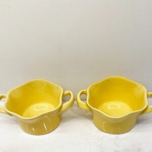 2 Vtg 2004 Crate & Barrel Ramekin Mini Souffle By Bia Cordon Bleu Yellow Handled